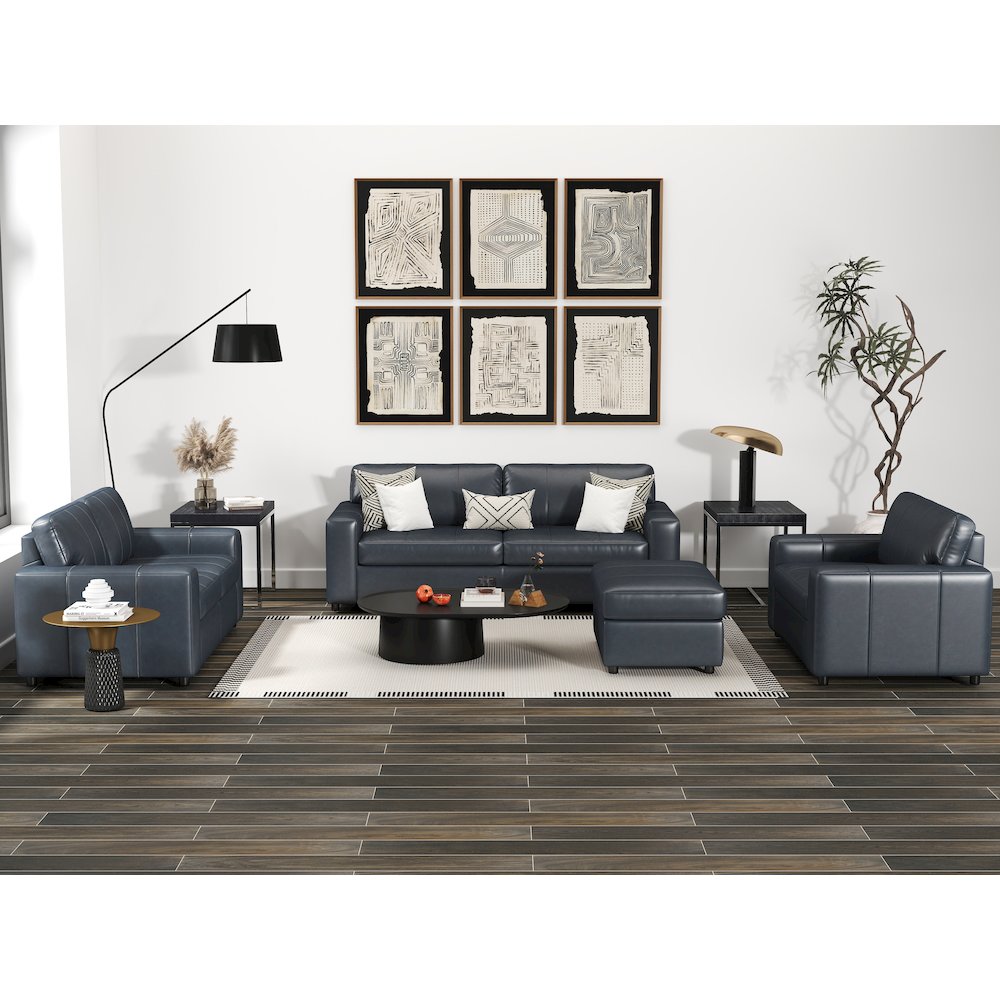 Sakan Leather 4-Pc Living Room Set, Sofa Loveseat, Chair and Ottoman, Blue. Picture 4