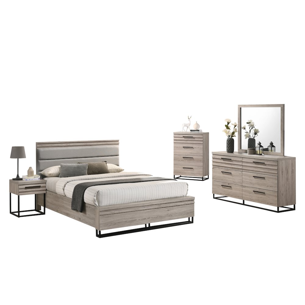 Panel Bed, Dresser, Mirror, Nightstand, and Chest, Weathered Gray, Queen. Picture 1