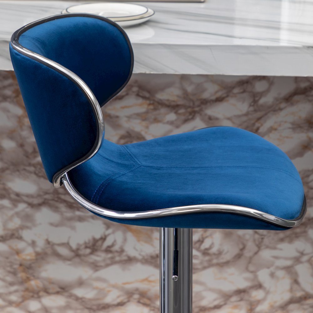 Masaccio Velvet Upholstered Adjustable Swivel Barstool, Set of 2, Blue. Picture 15