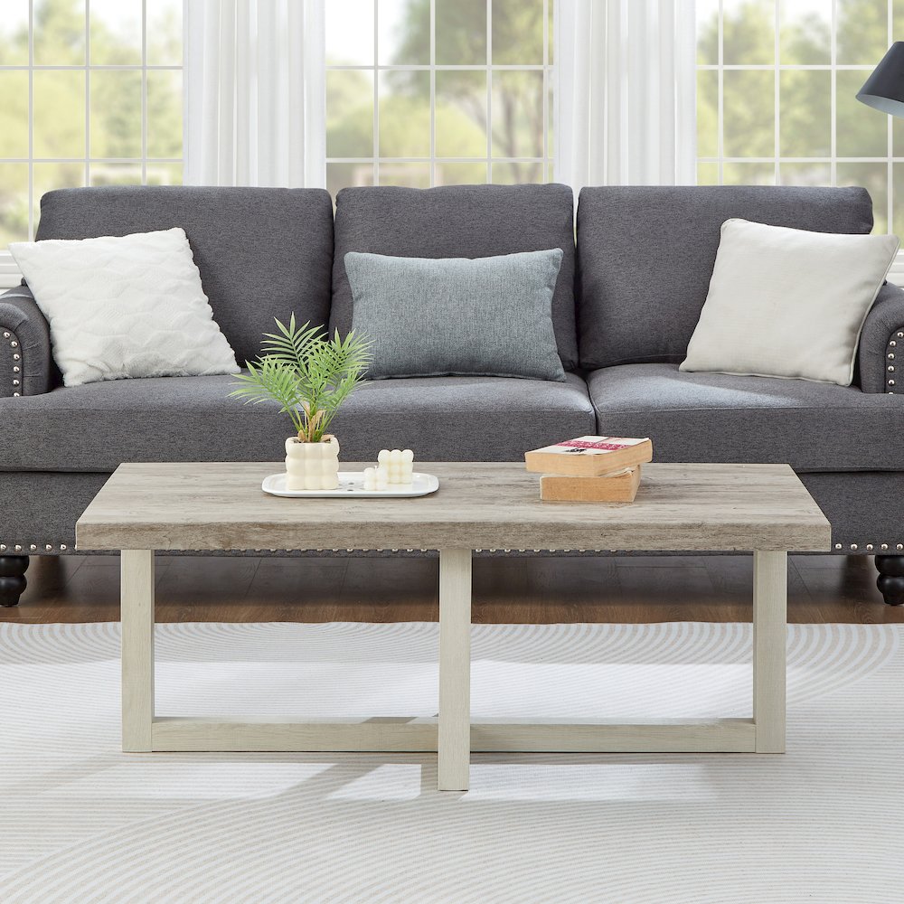 3-Piece Coffee Table Set, Coffee Table, Two End Tables, Weathered Gray and Beige. Picture 5