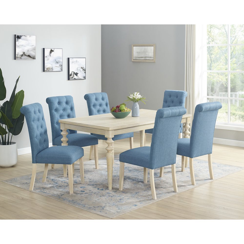 Amonia 7-Pc Dining Set, Turned-Leg Dining Table with 6 Tufted Chairs, Blue. Picture 1