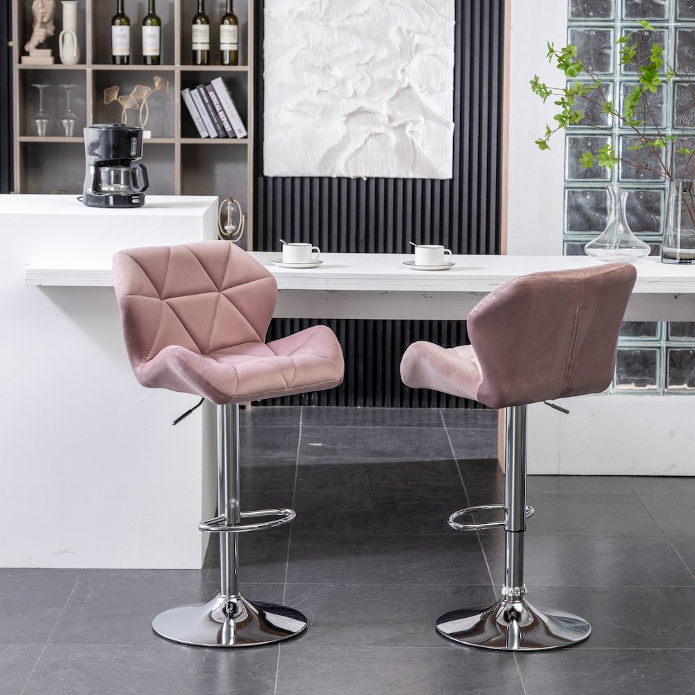 Breni Velvet Diamond Tufted Swivel Adjustable Height Barstool, Set of 2, Mauve. Picture 6