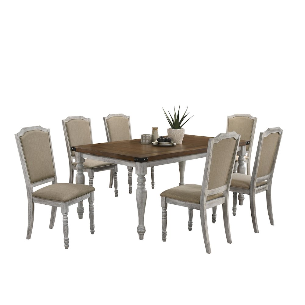 7-Piece Dining Set, Table with 6 Upholstered Chairs, Rustic White and Oak. Picture 1