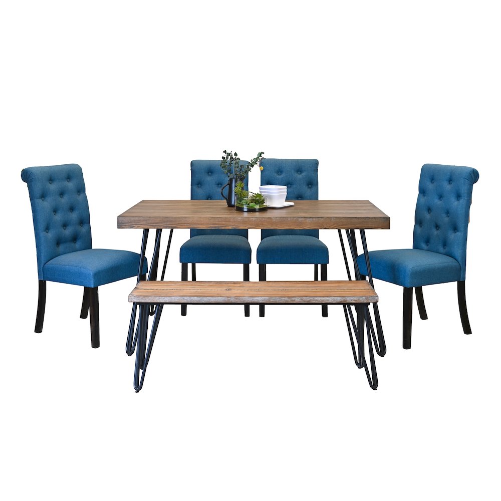 Ashford 6-Pc Dining Set, Hairpin Dining Table with 4 Chairs and Bench, Blue. Picture 1