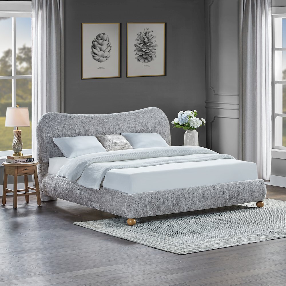 Lunara Gray Upholstered Platform Bed with Bun Feet, King. Picture 6
