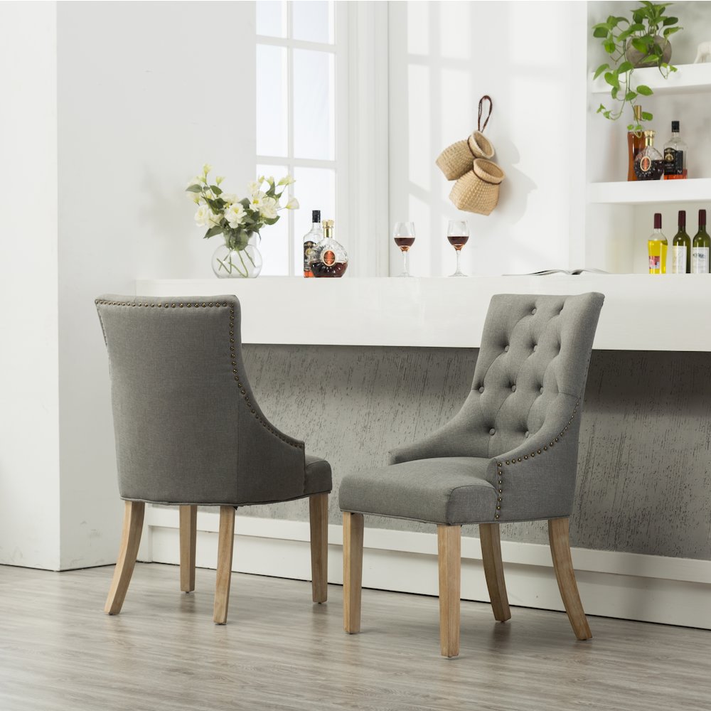 Luna Gray Button Tufted Solid Wood Wingback Chairs with Nail Heads Set of 2. Picture 5