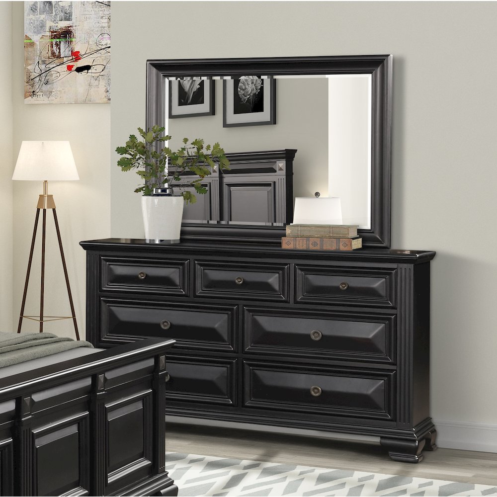 Vintage Black Wood Bedroom Set, King Panel Bed, Dresser, Mirror, 2 Nightstands. Picture 6