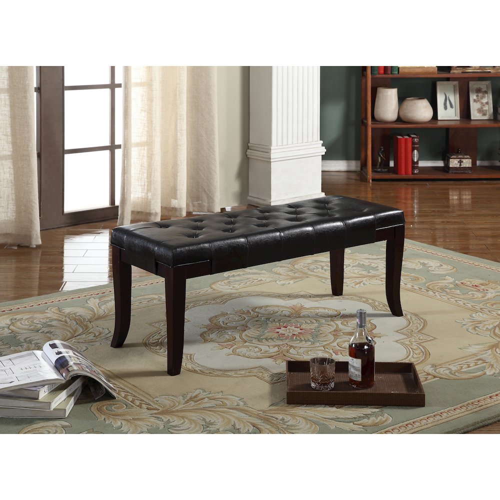 Linon Espresso Leather Tufted Ottoman Bench. Picture 2