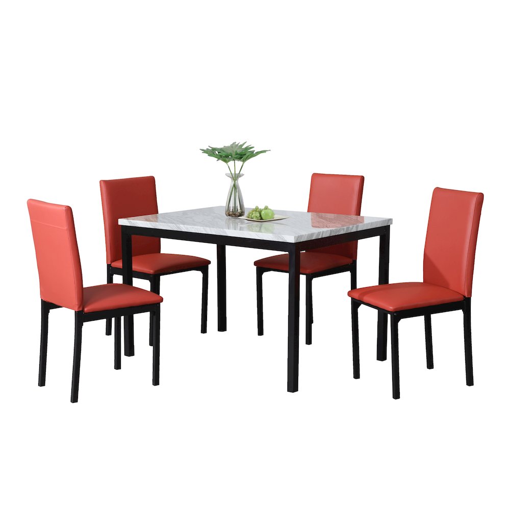 Citico 5-Pc Dinette Set with Faux Marble Top, White Table with Red Chairs. Picture 1