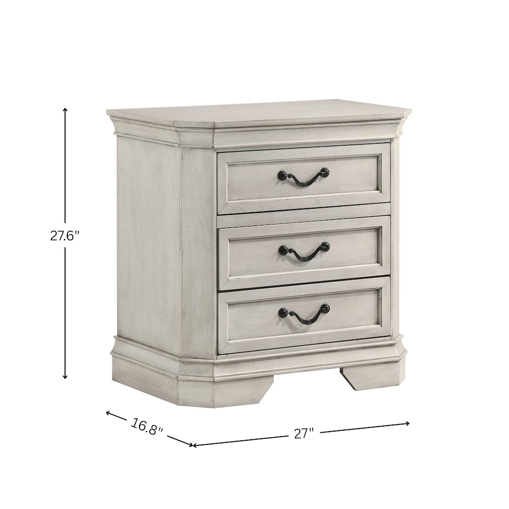 Maderne Wood 3-Drawer Nightstand, Antique White Finish. Picture 9