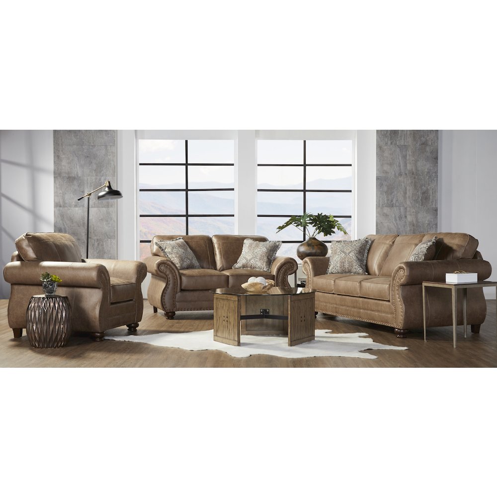 Leinster Faux Leather 3-Pc Sofa Set with Antique Bronze Nailheads. Picture 2