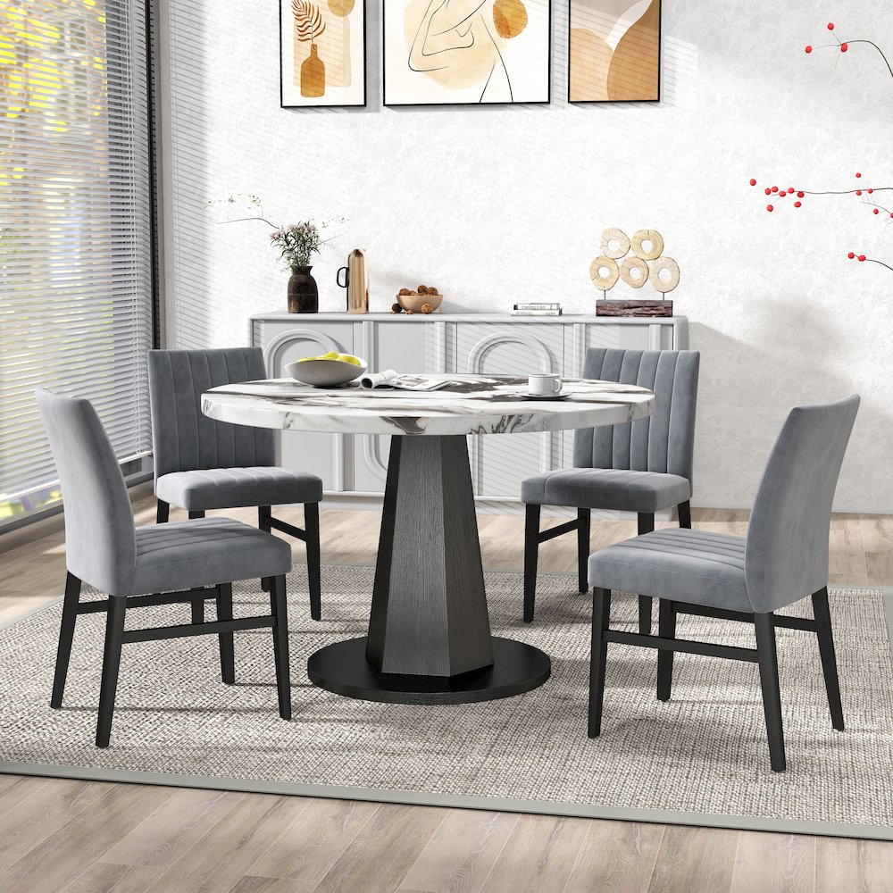 5-Piece Dining Set, Off-White Faux Marble Dining Table with Four Chairs, Gray. Picture 4