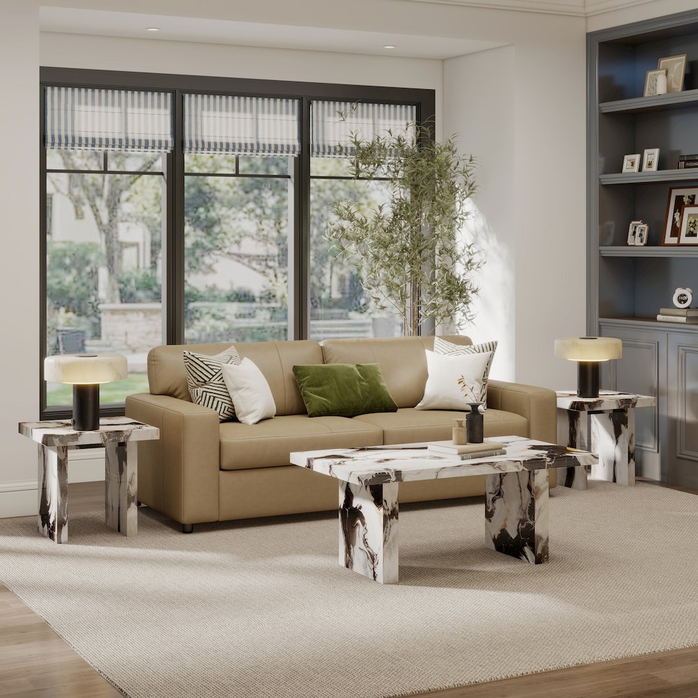 Cavira 3-Piece Faux Marble Coffee Table Set, Table and Two End Tables, Off-white. Picture 2