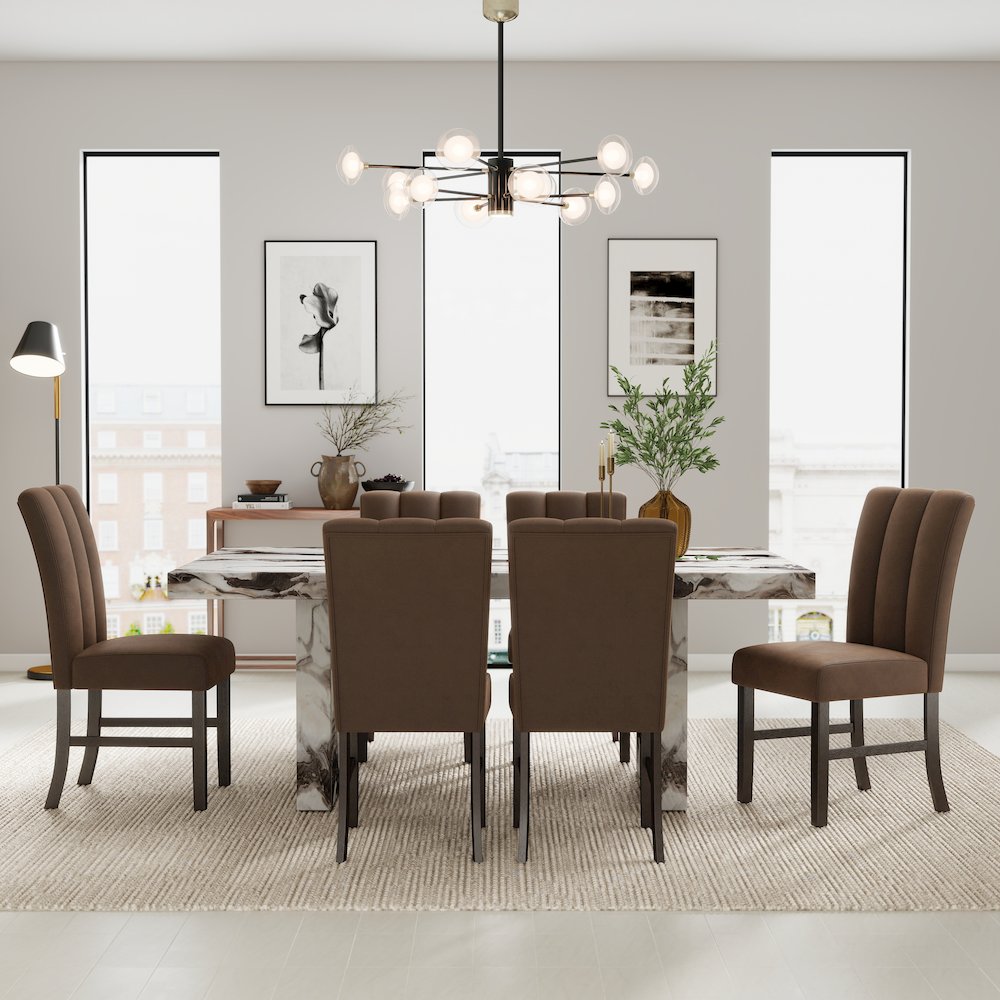 Cavira 7-PC Modern Faux Marble Dining Set, Double Pedestal Table with 6 Chairs. Picture 3