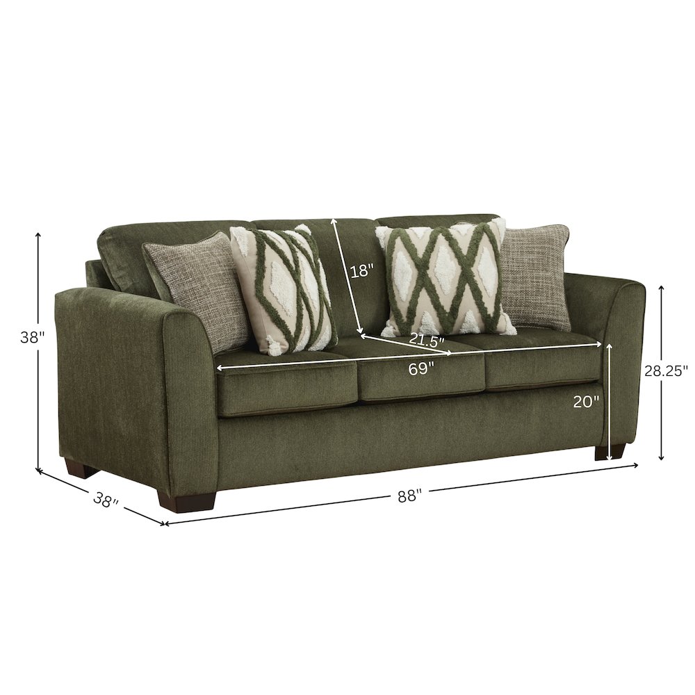 Marvella Living Room Sofa with Mosswood Chenille Upholstery, Accent Pillows. Picture 16