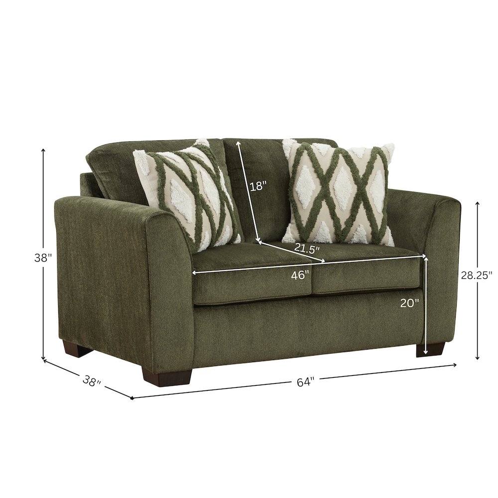 Marvella Living Room Loveseat with Mosswood Chenille Upholstery, Accent Pillows. Picture 13