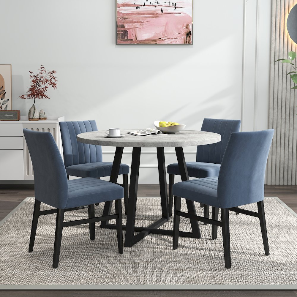 Edo 5-Piece Dining Set, Round Trestle Table and 4 Chairs, Gray and Blue. Picture 4