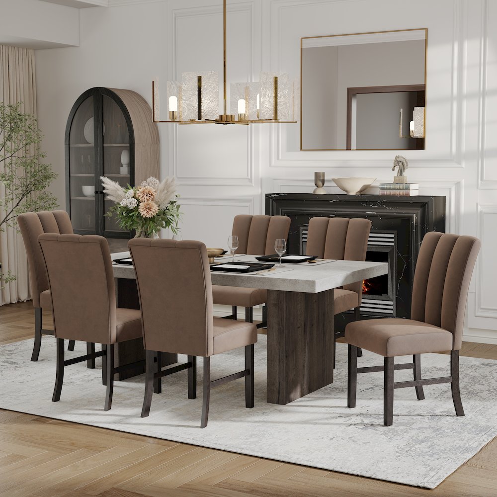 Sorlen 7-Piece Dining Set, 3D Faux Concrete Table with 6 Chocolate Fabric Chairs. Picture 2