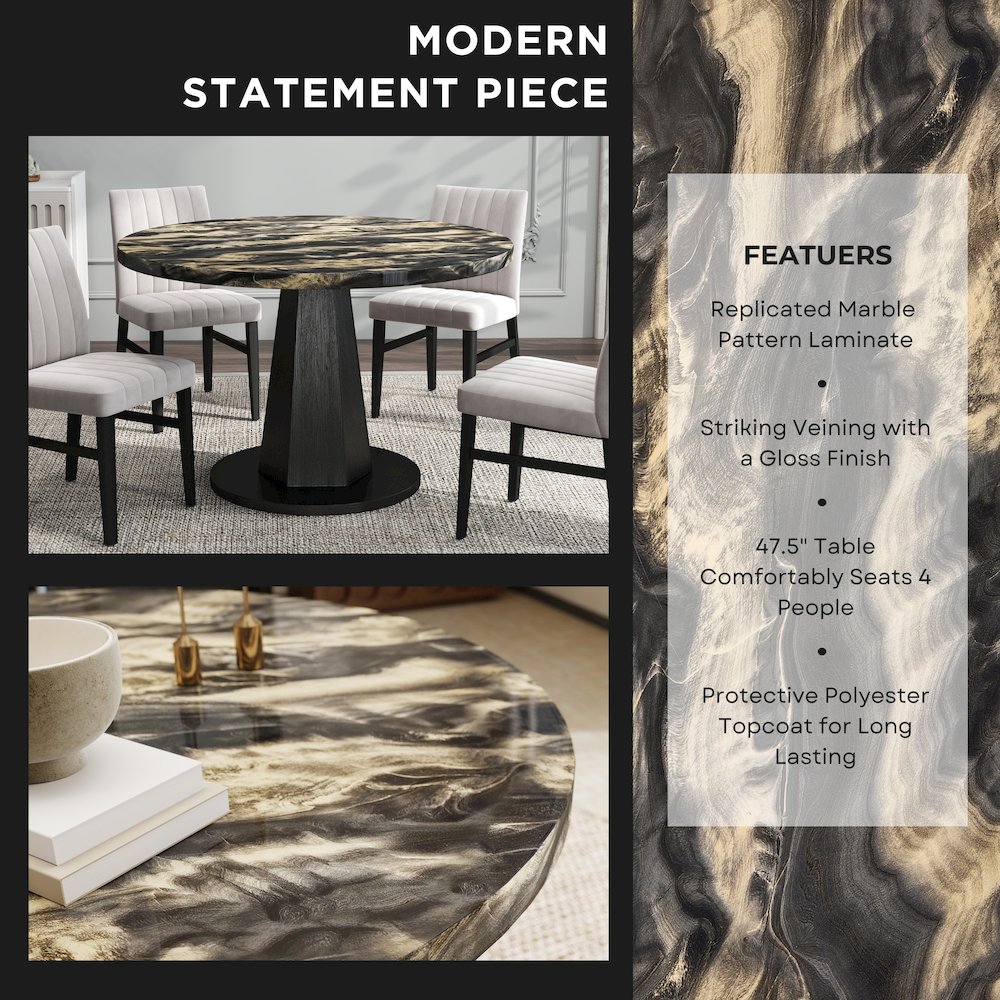 5-Piece Dining Set, Black and Gold Faux Marble Dining Table Four Chairs, Tan. Picture 6
