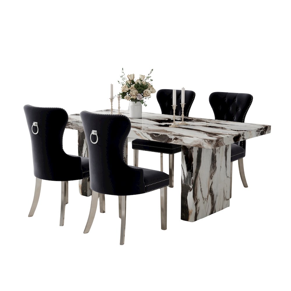 Cavira 5-Piece Dining Set, Faux Marble Dining Table with Four Chairs, Black. Picture 1
