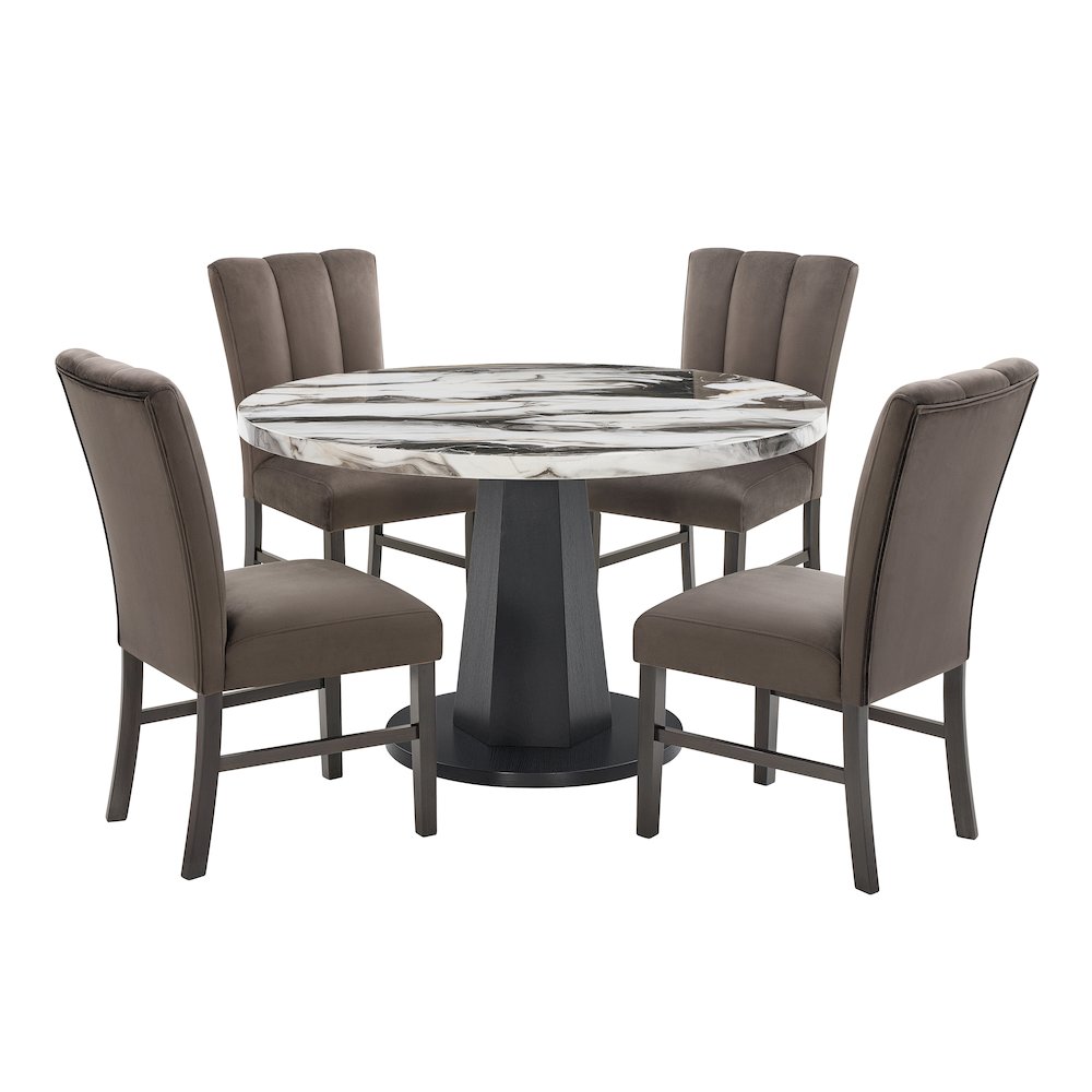 Cavira 5-PC Dining Set, Off-White Faux Marble Table with Four Brown Chairs. Picture 1