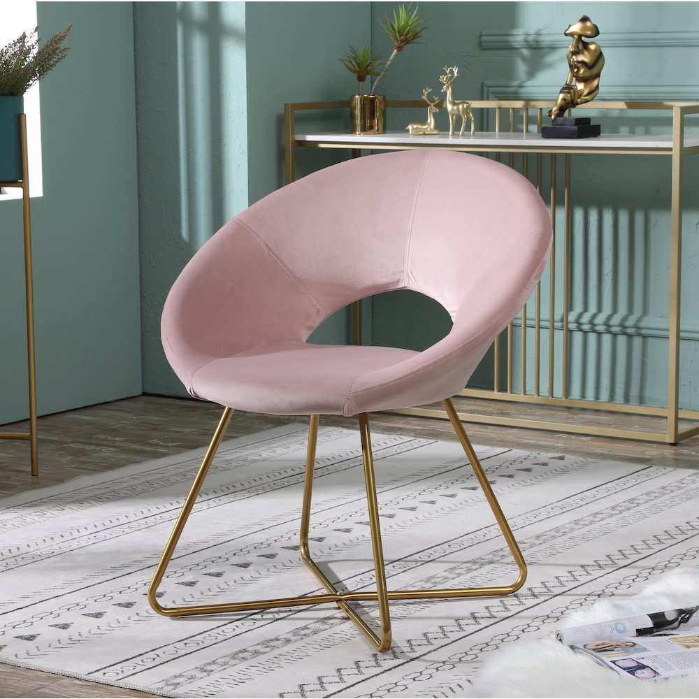 Slatina Pink Silky Velvet Upholstered Accent Chair with Gold Tone Finished Base. Picture 2