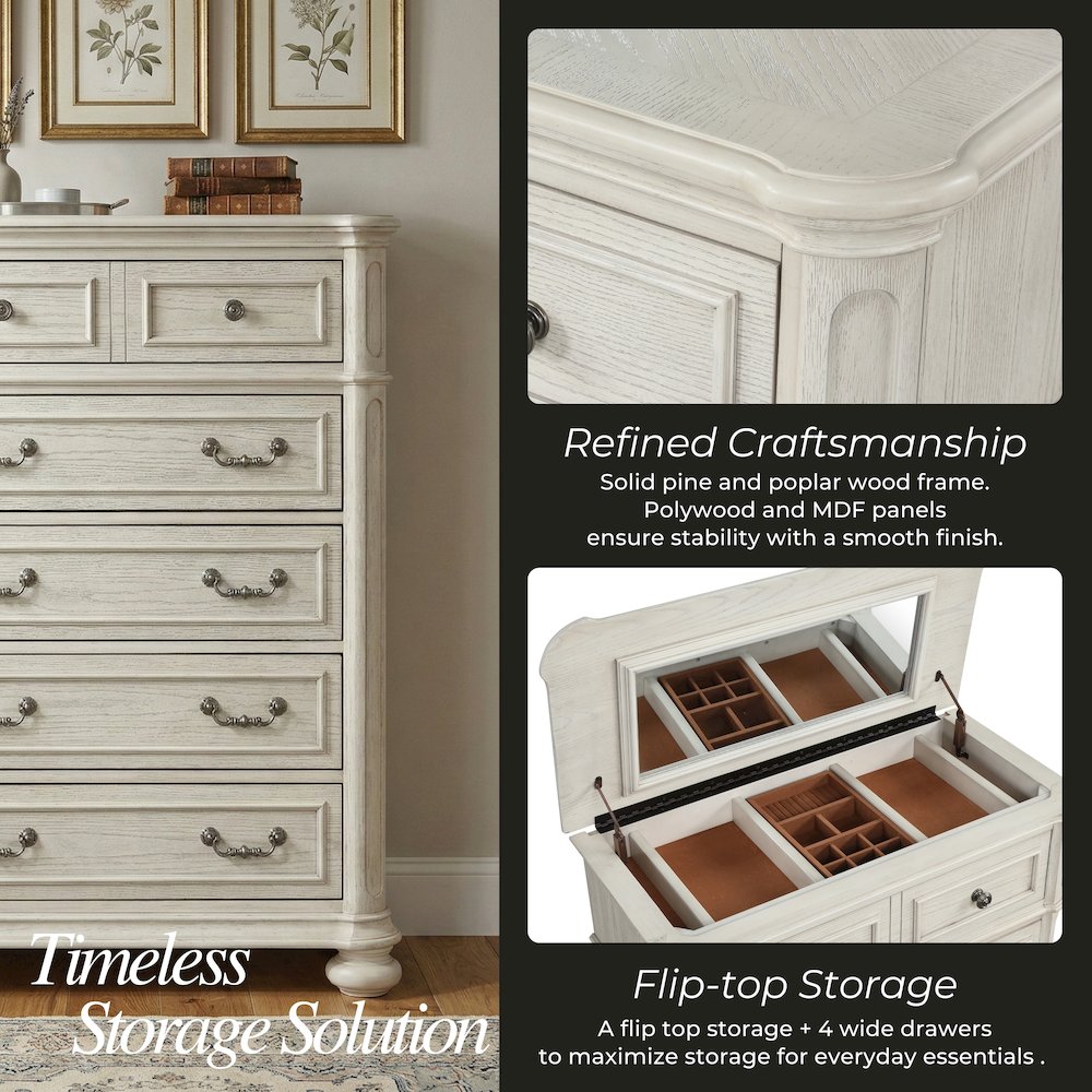 Nelson 5-Drawer Bedroom Chest with Flip-top, Antique White. Picture 6