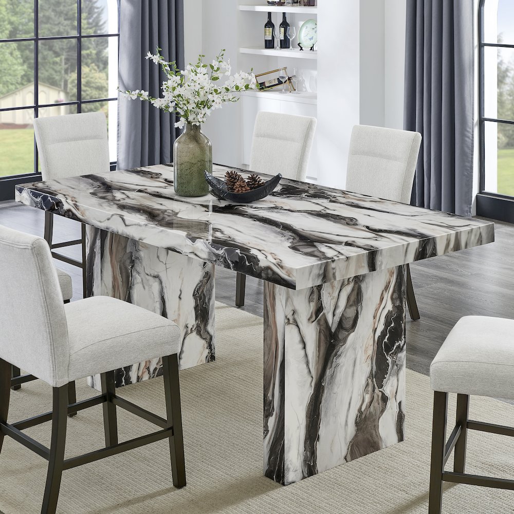 Cavira 7-Piece Modern Faux Marble Dining Set, Counter Height Table with 6 Chairs. Picture 6
