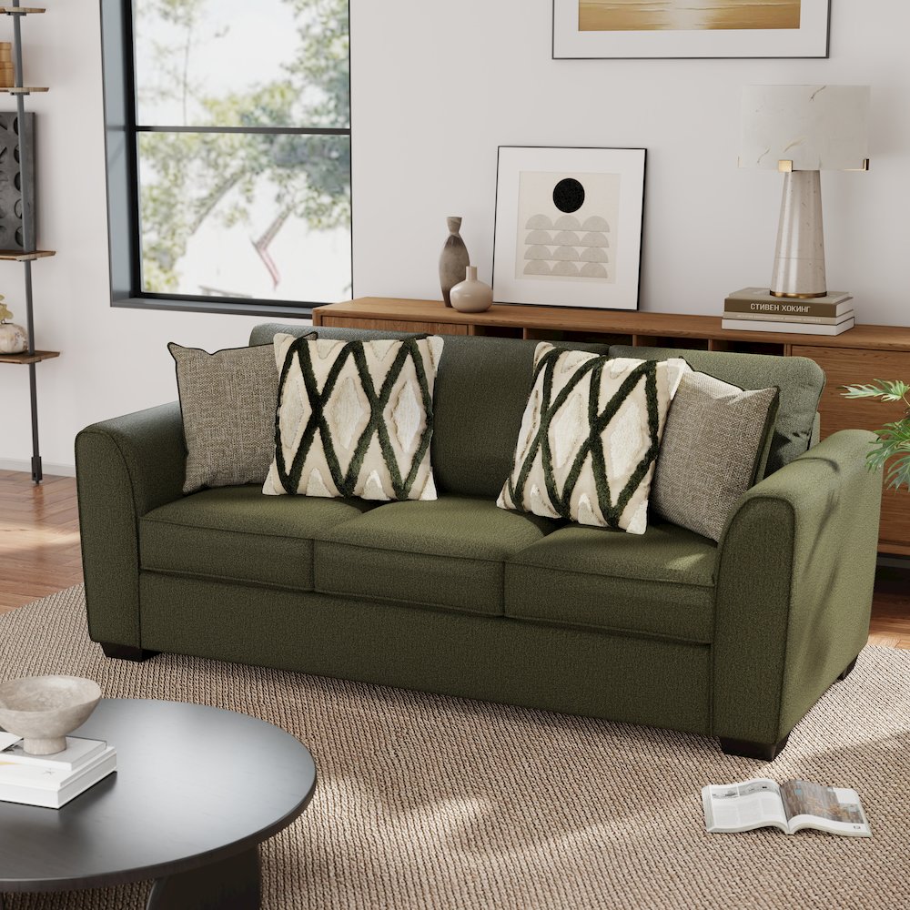 Marvella Living Room Sofa with Mosswood Chenille Upholstery, Accent Pillows. Picture 9