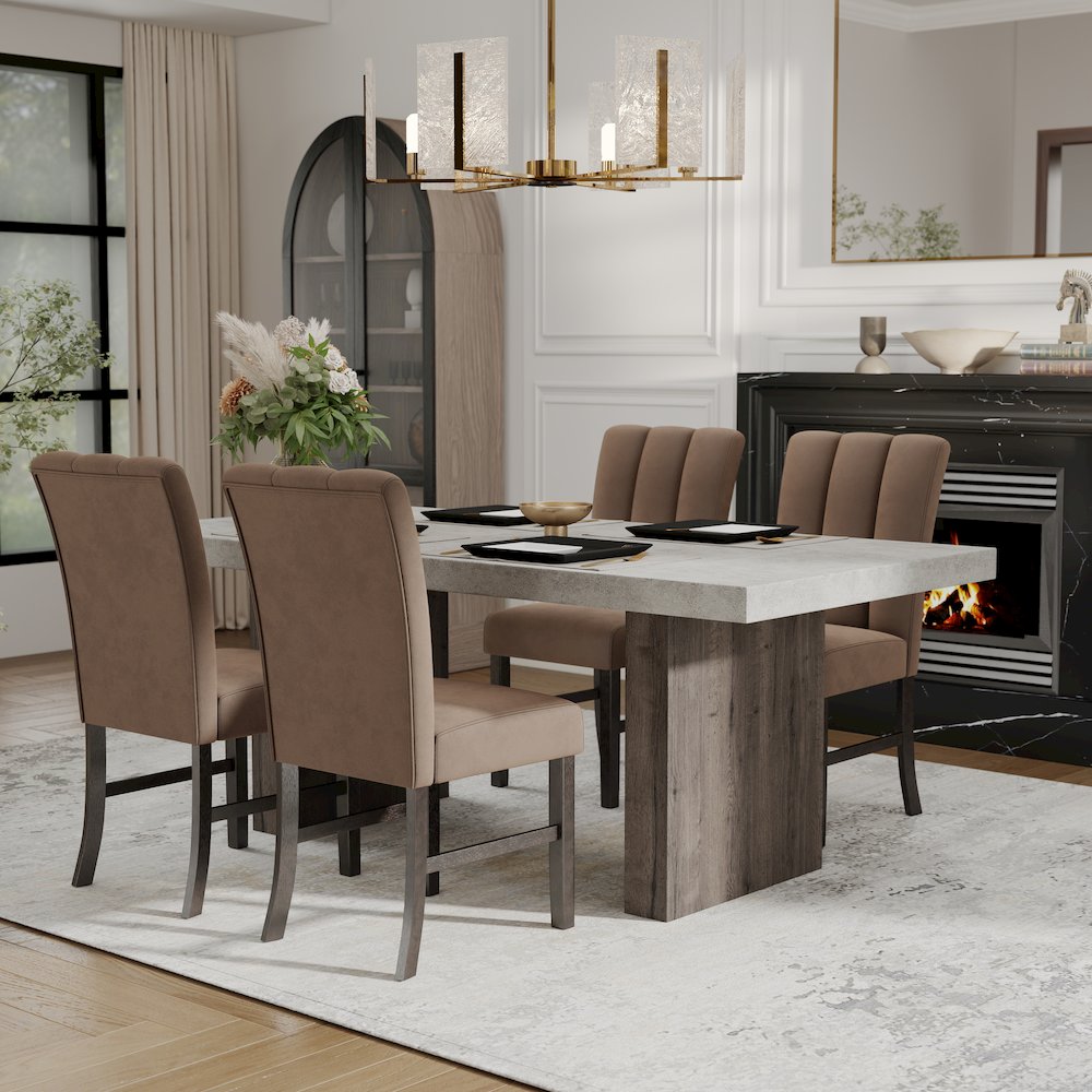 Sorlen 5-Piece Dining Set, 3D Faux Concrete Table with 4 Chocolate Fabric Chairs. Picture 3
