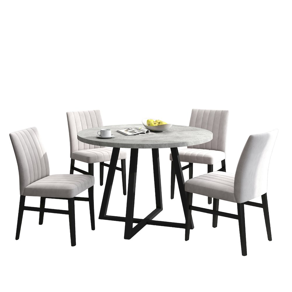 Edo 5-Piece Dining Set, Round Trestle Table and 4 Chairs, Gray and Tan. Picture 1