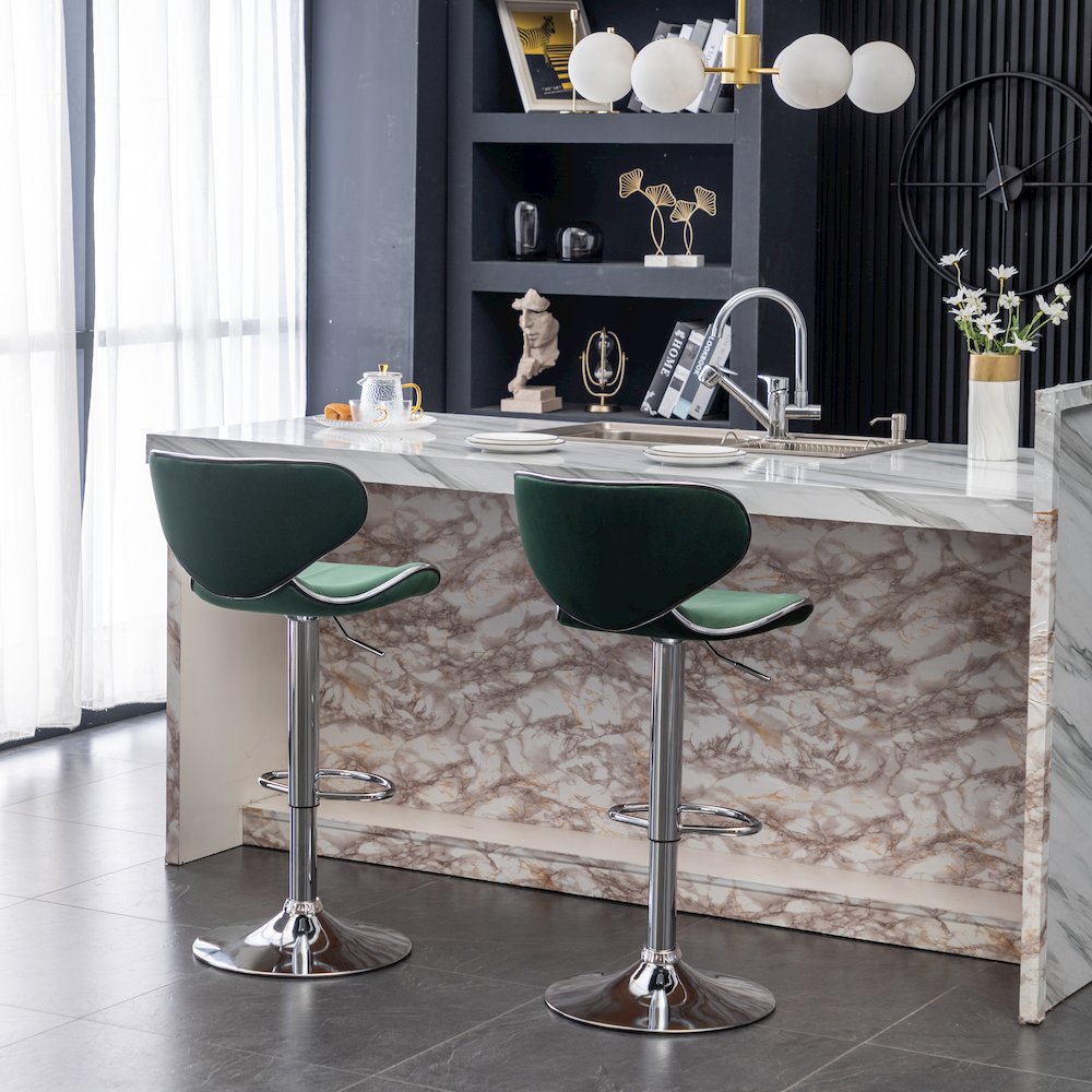 Masaccio Velvet Upholstered Adjustable Swivel Barstool, Set of 2, Green. Picture 5