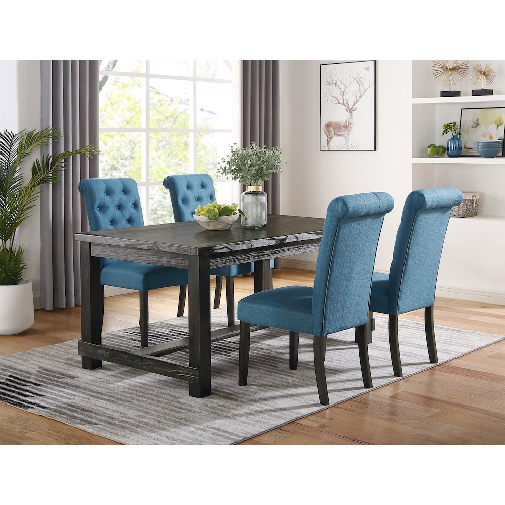 Leviton Antique Black Finished Wood Dining Set, Table with Four Chairs, Blue. Picture 2