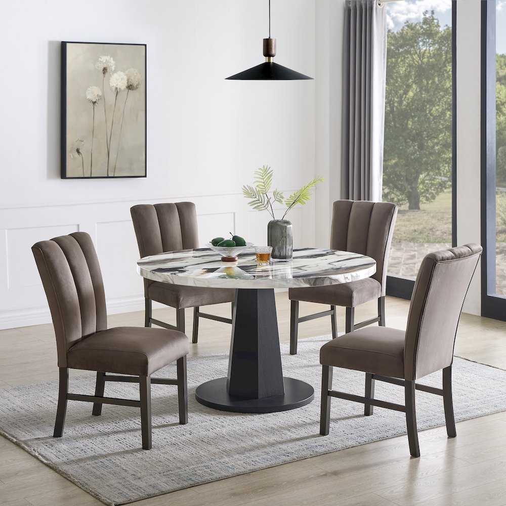 Cavira 5-PC Dining Set, Off-White Faux Marble Table with Four Brown Chairs. Picture 2