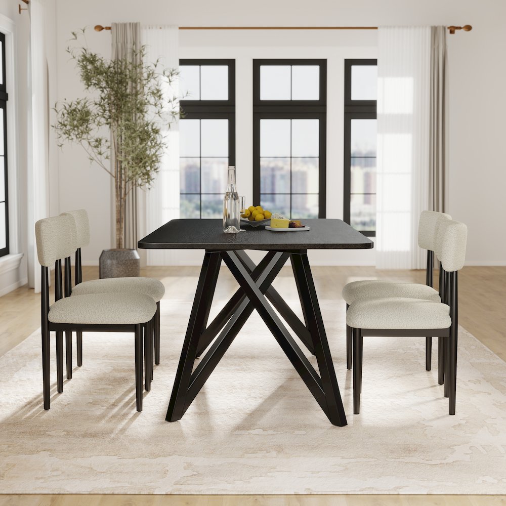 Axler 5-Piece Dining Set, Tripod-Cross Dining Table with 4 Boucle Chairs, Black. Picture 12