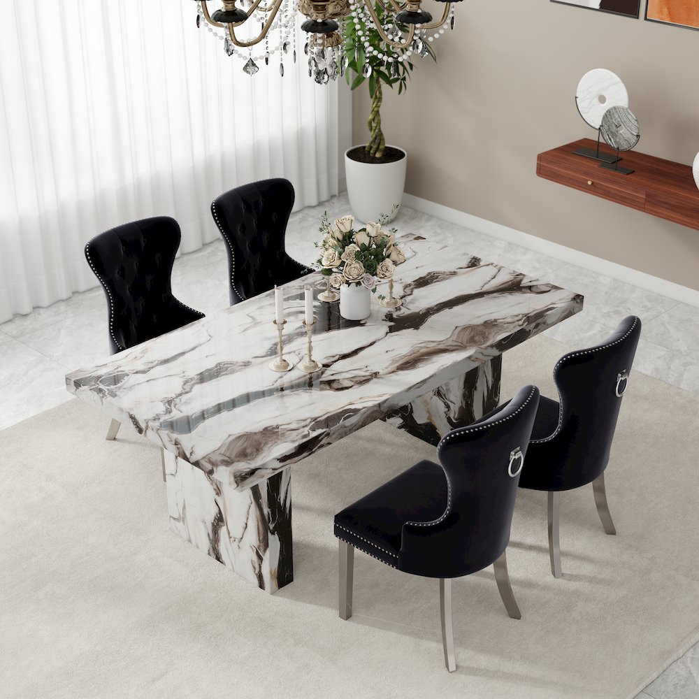 Cavira 5-Piece Dining Set, Faux Marble Dining Table with Four Chairs, Black. Picture 4