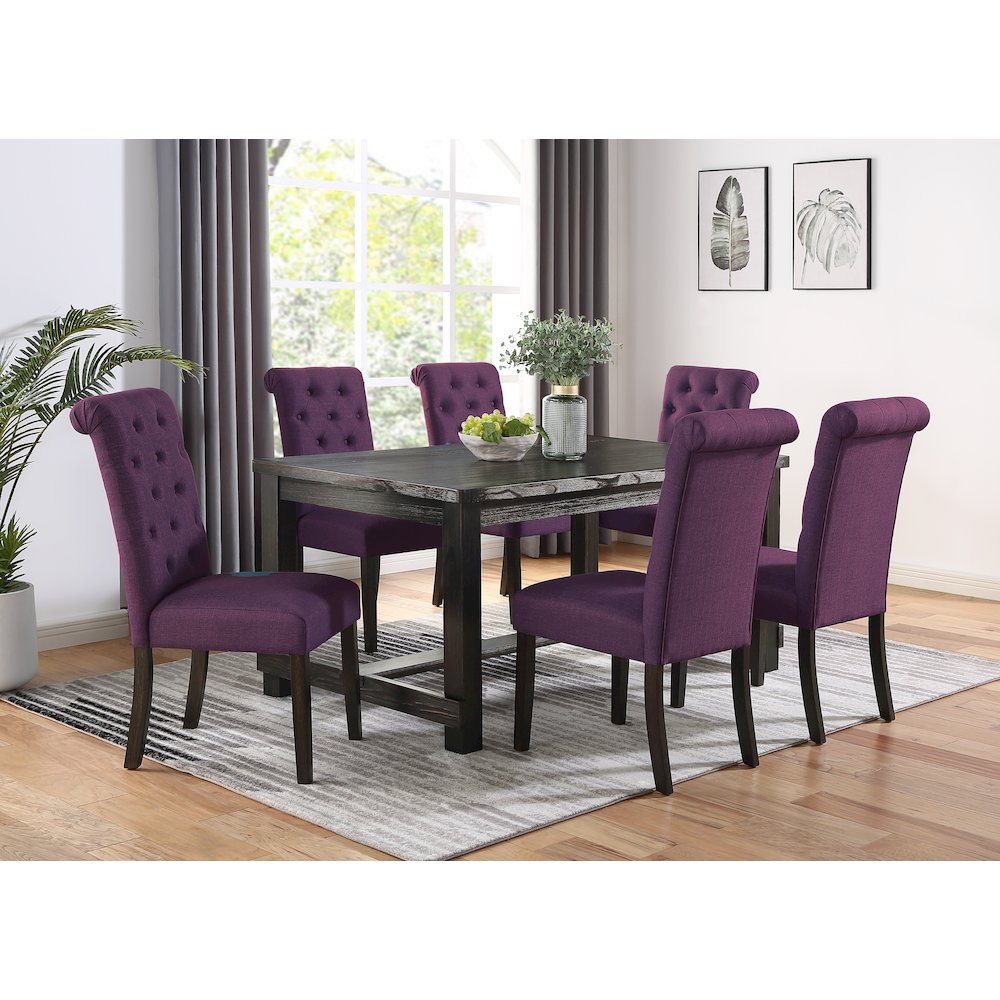 Leviton Antique Black Finished Wood Dining Set, Table with Six Chair, Purple. Picture 2