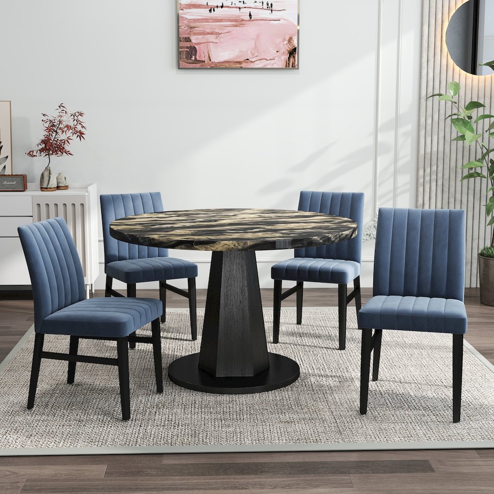 5-Piece Dining Set, Black and Gold Faux Marble Dining Table Four Chairs, Blue. Picture 3