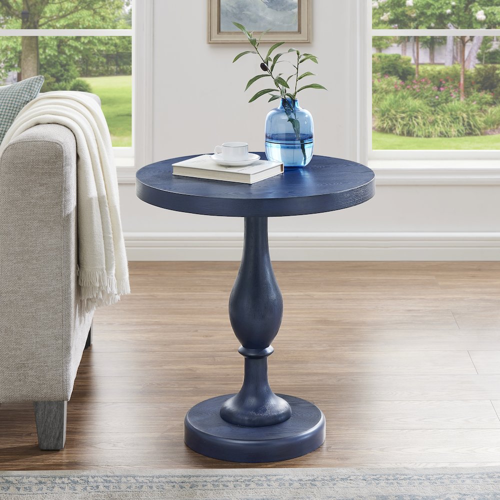 Solmere 22" Round Wood Pedestal End Table, Blue. Picture 3