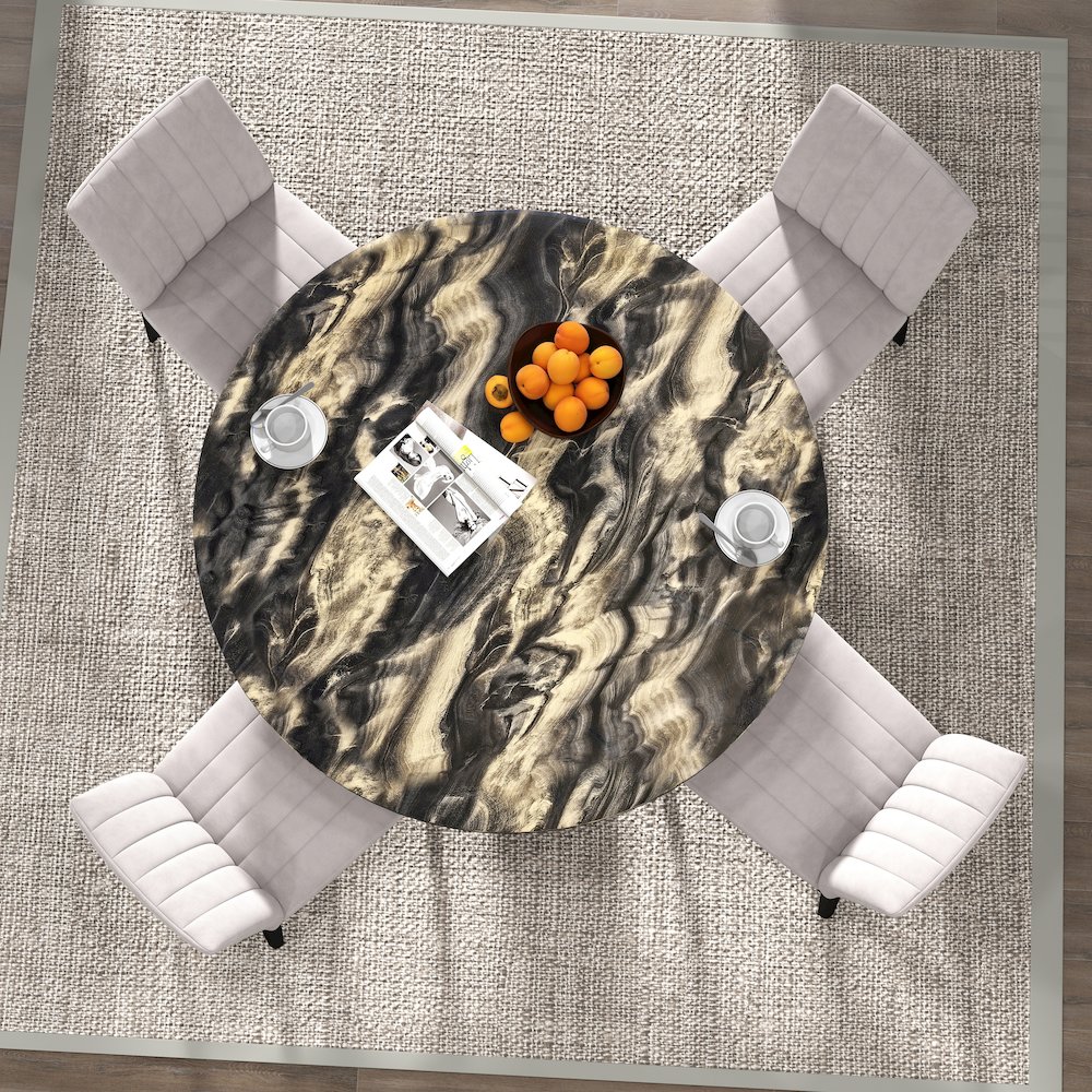 5-Piece Dining Set, Black and Gold Faux Marble Dining Table Four Chairs, Tan. Picture 5