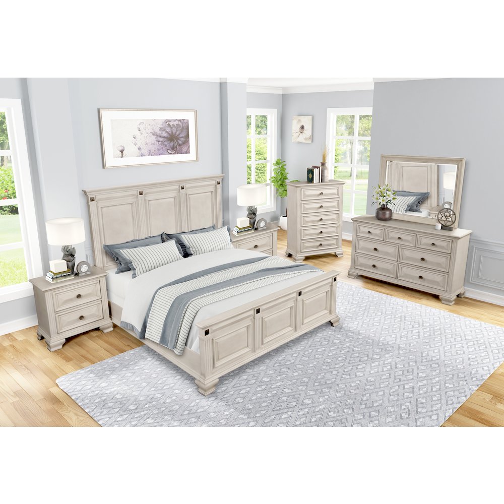 Parchment Wood Bedroom Set, King Bed, Dresser, Mirror, 2 Nightstands, Chest. Picture 3