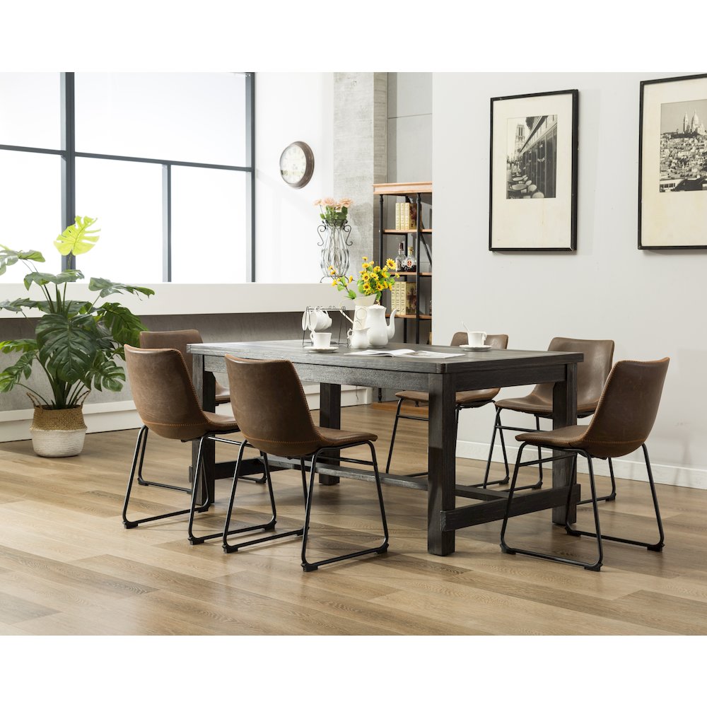 7-Piece Antique Black Finish Wood Dining Table, 6 Brown Faux Leather Chairs Set. Picture 2