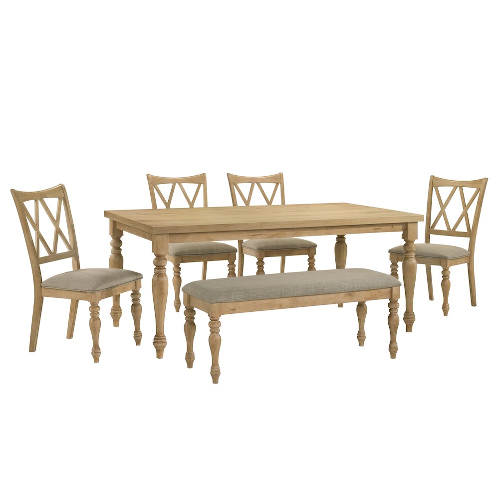 Verta 6-PC Dining Table with 4 Cross Back Chairs and Bench, Light Oak Finish. Picture 1