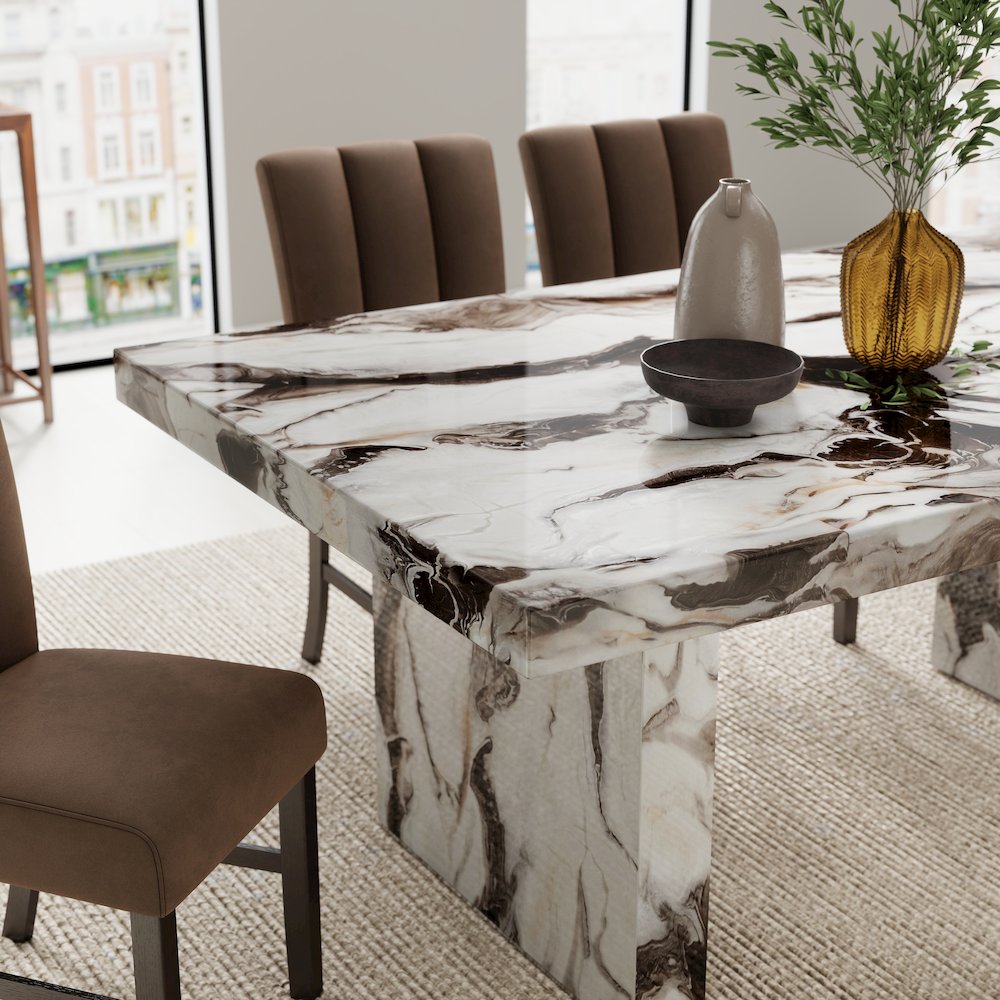 Cavira 7-PC Modern Faux Marble Dining Set, Double Pedestal Table with 6 Chairs. Picture 5