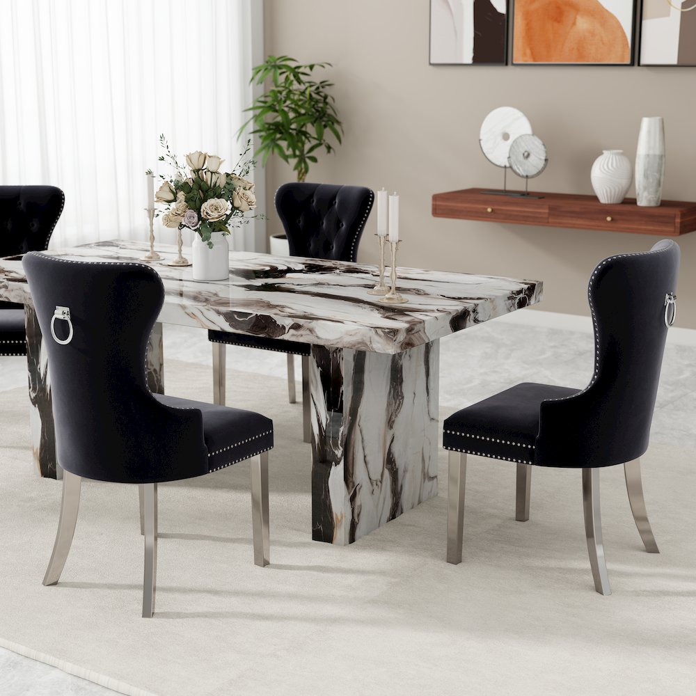 Cavira 5-Piece Dining Set, Faux Marble Dining Table with Four Chairs, Black. Picture 5