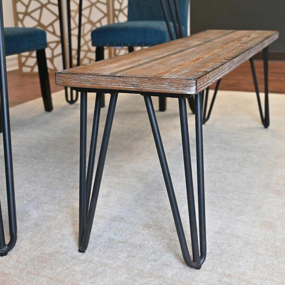 Amisos 6-Pc Dining Set, Hairpin Dining Table with 4 Chairs and Wood Bench, Blue. Picture 13