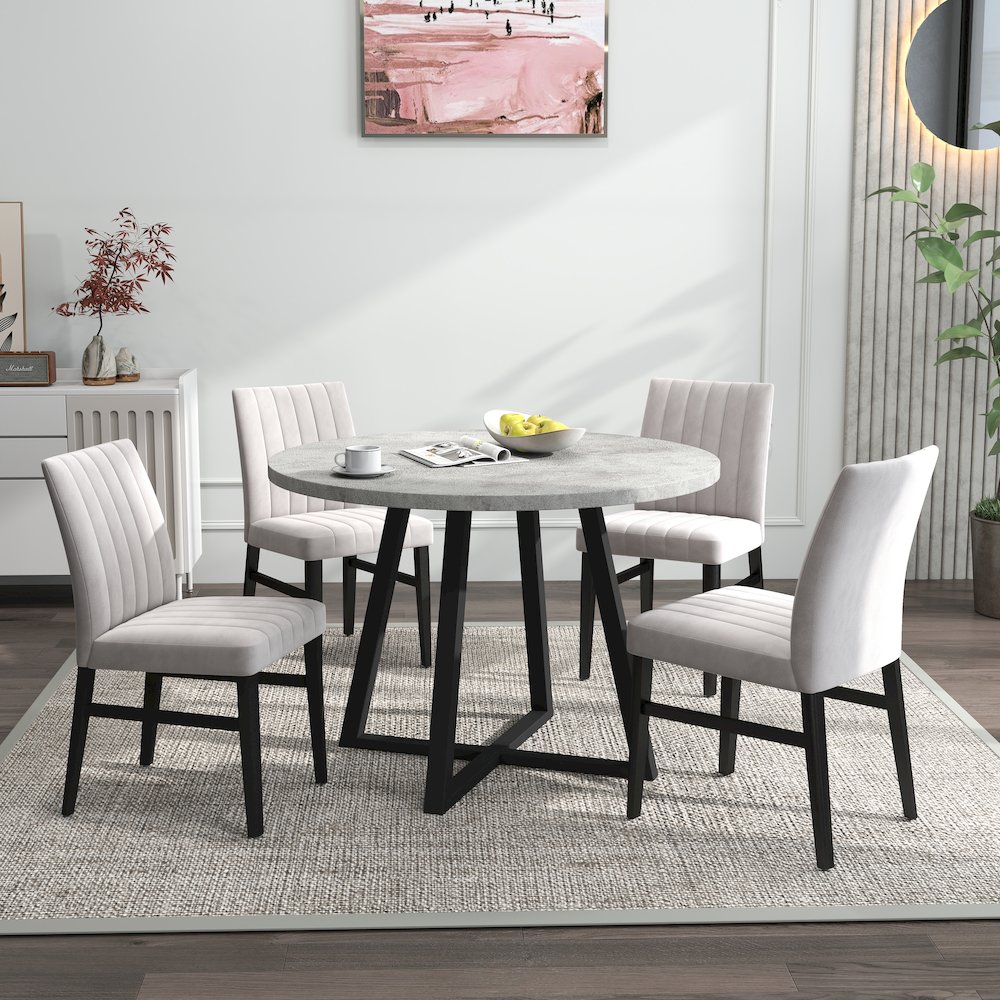 Edo 5-Piece Dining Set, Round Trestle Table and 4 Chairs, Gray and Tan. Picture 2