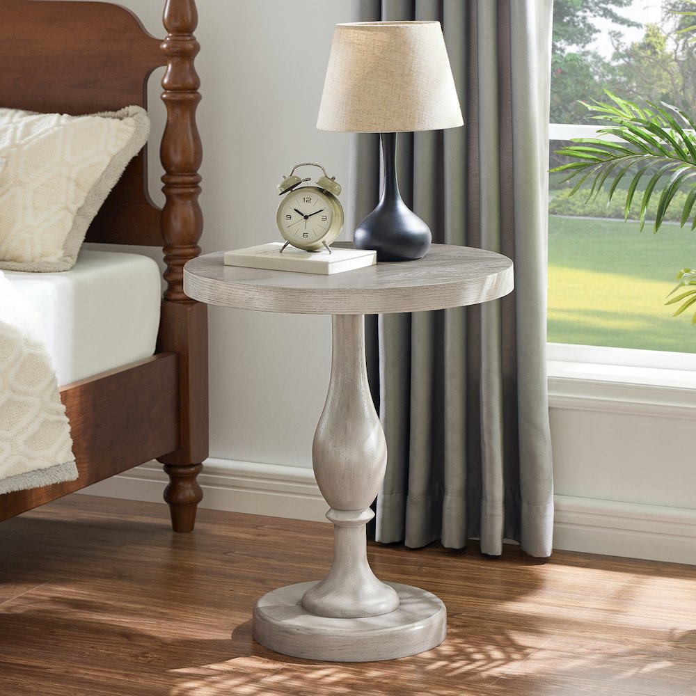 Solmere 22" Round Wood Pedestal End Table, Gray. Picture 4