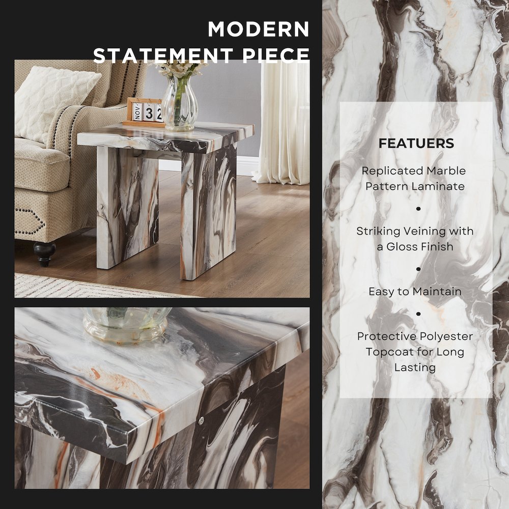 Cavira Modern Faux Marble Living Room End Table, Off-white. Picture 4