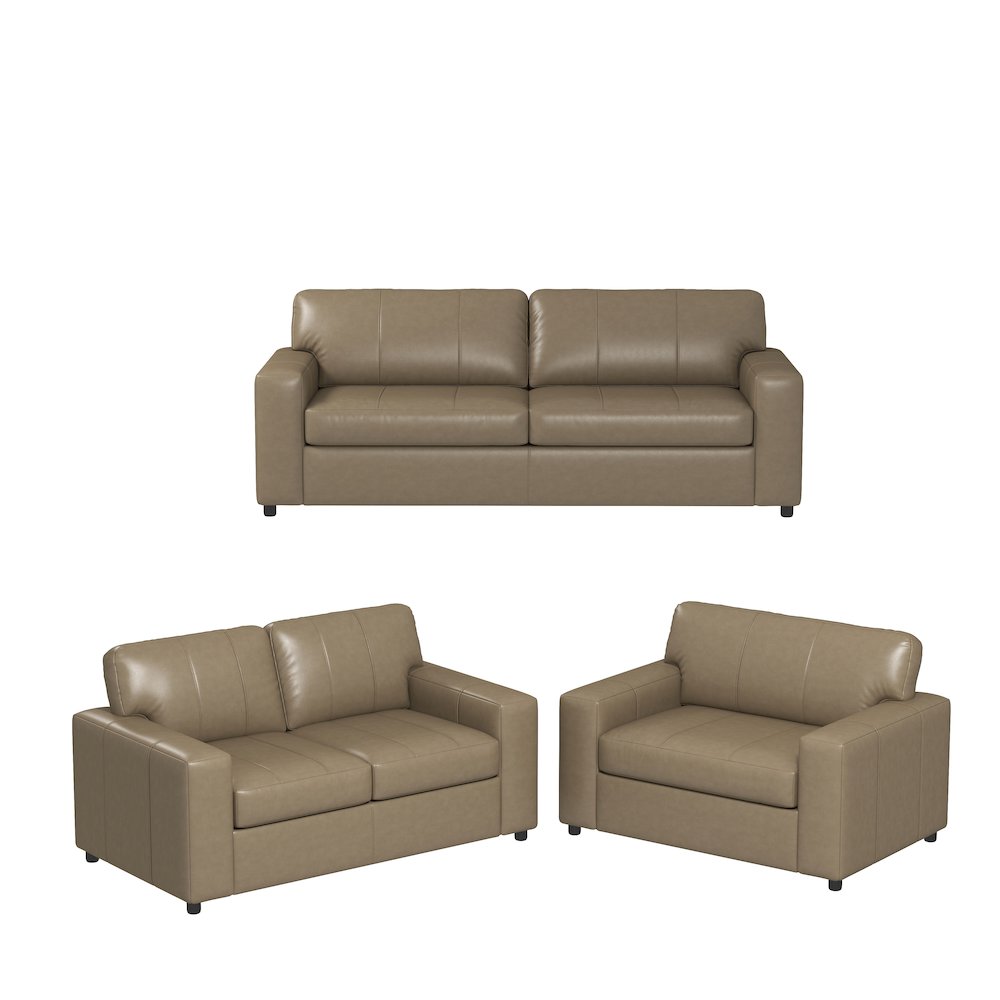 Sakan Leather 3-Pc Living Room Set, Sofa Loveseat and Chair, Beige. Picture 13